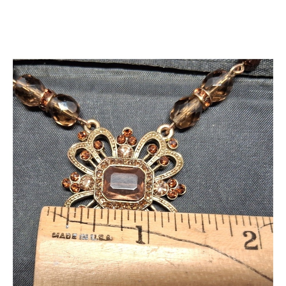 Avon Vintage Gold Tone Filigree Smoky Topaz Amb, Crystal Beaded Pendant Necklace - Picture 8 of 14